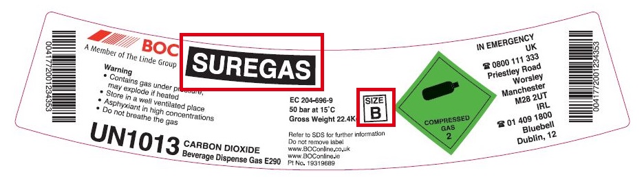 Your cylinder label will show the name of the gas, and the cylinder size